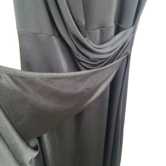 Express Gunmetal Gray Shoulder Pads Sleeveless Satiny Faux Wrap Rusched Dress - Picture 9 of 11